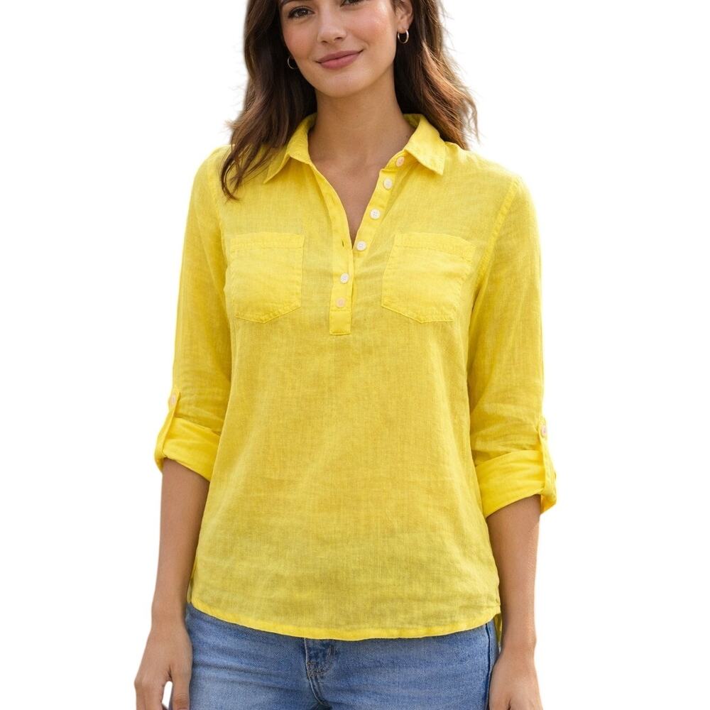Boden Bright Yellow Linen Button-Placket Short Sleeve Tee
